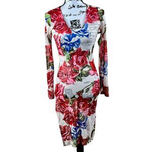 Fashion nova blush red dress flirty floral dress long sleeve side slit size S